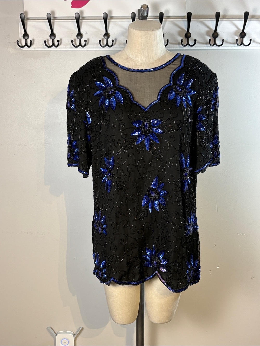 Vintage Black Beaded Floral Evening Top with Blue Accents size 1 X
